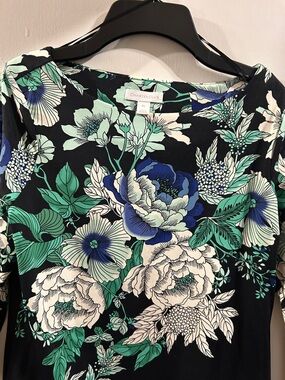 Charter Club Black Floral Blouse with Green, Blue & Cream Blooms